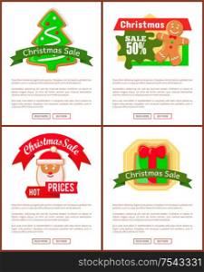 Christmas sale and hot prices web posters with gingerbread cookies. Pages with text and bright ginger man and fir-tree, head of Santa and gift box vector. Christmas Sale Posters, Gingerbread Cookies Vector
