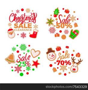 Christmas sale and offers discounts and price offer vector. Traditional holidays, mitten and pine tree, heart and snowflake ornaments reindeer snowman. Christmas Sale and Offers Discounts and Price Off