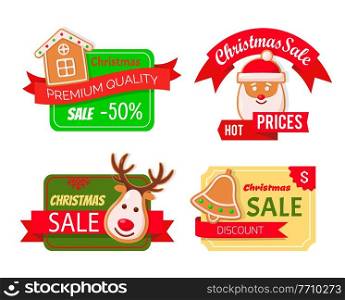 Christmas sale and propositions from markets shops vector. Isolated icons with text, proposal reduced price Santa Claus and reindeer, bell and house. Christmas Sale and Propositions Isolated Labels