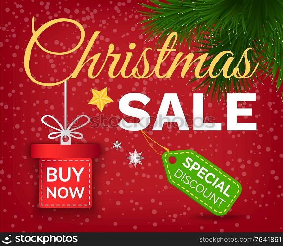Christmas sale and reduction of price for winter holidays vector. Special discount on tag, pine tree branch and star decoration. Gift box with call to action phase. Buy now advertising of products. Christmas Sale Special Discount Promotional Poster