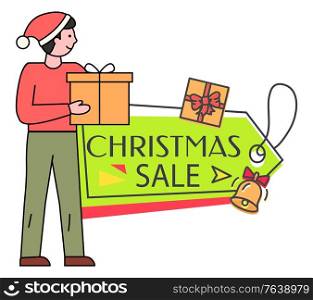 Christmas sale and reduction of price vector. Man holding present and wearing santa claus hat. Celebration of xmas, buying gifts. Seasonal promotion for shoppers and clients of stores and shops. Christmas Sale Banner for Shopping on Discounts