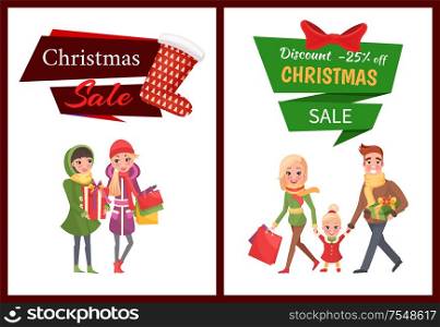 Christmas sale and shopping holiday preparation vector. People having fun walking with presents and boxes, bags with gifts, family mom and dad friends. Christmas Sale and Shopping on Holiday, People