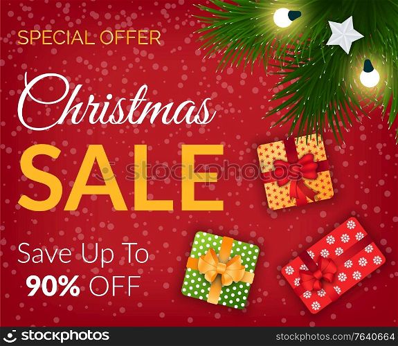 Christmas sale and special offer card, save up to 90 percent off. Winter holiday and business promotion, fir-tree with light and gift box. Flyer with shopping promotion and Xmas decoration vector. Postcard of Winter Shopping and Discount Vector