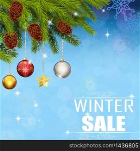 Christmas sale balls and tree background. vector
