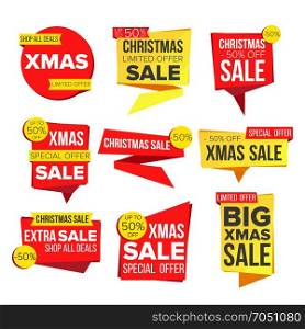 Christmas Sale Banner Collection Vector. Online Shopping. Winter Website Stickers, Holidays Web Design. Xmas Advertising Element. Shopping Backgrounds. Isolated Illustration. Christmas Sale Banner Set Vector. Discount Tag, Special Xmas Offer Banners. December Good Deal Promotion. Winter Discount And Promotion. Half Price Holidays Stickers. Isolated Illustration