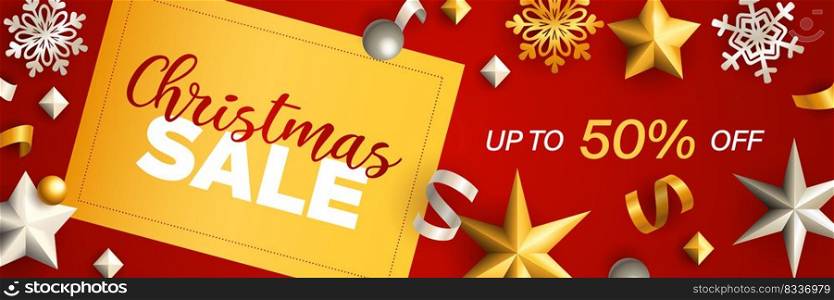 Christmas Sale banner design. Gold and silver baubles, stars, streamer, snowflakes on red background. Vector illustration for advertising design, flyer and poster templates