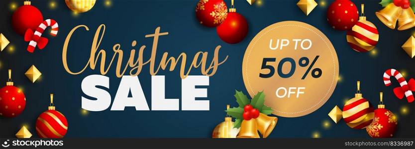 Christmas Sale banner design with balls, candy canes, bells, mistletoe on blue background. Vector illustration for advertising design, flyer and poster templates
