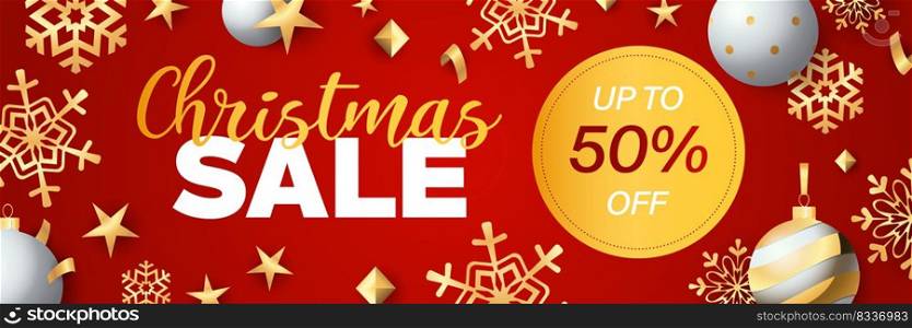 Christmas Sale banner design with discount tag. Gold snowflakes, baubles and stars on red background. Vector illustration for advertising design, flyer and poster templates