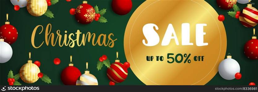 Christmas Sale banner design with golden label, mistletoe and hanging balls on dark green background. Vector illustration for advertising design, flyer and poster templates