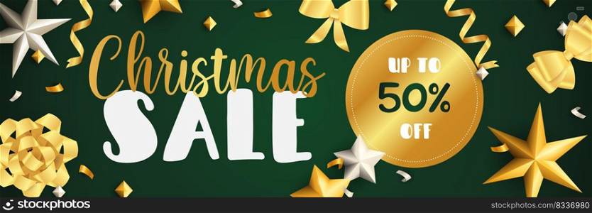 Christmas Sale banner design with golden ribbons, streamer and stars on dark green background. Vector illustration for advertising design, flyer and poster templates
