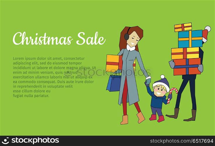 Christmas Sale Banner. Family Going with Presents. Christmas sale web banner. Family going with presents. Man, woman and child with gift boxes isolated on green. Christmas and new year holiday concept. Big seasonal sale. Discount special offer. Vector