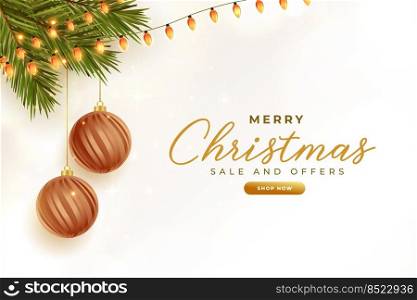 christmas sale banner with balls tree and festival lights