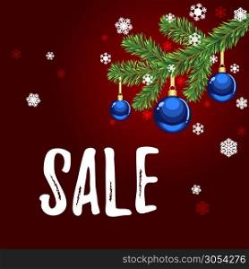 Christmas sale banner with blue ornaments on the red background