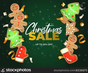 Christmas sale banner with ginger bread on green ground. Lettering can be used for invitations, post cards, announcements