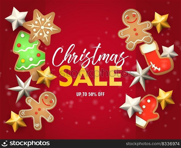Christmas sale banner with ginger bread on red ground. Lettering can be used for invitations, post cards, announcements