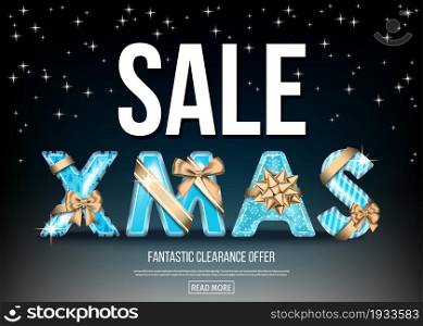 Christmas sale banner with golden and blue decorative letters with gold gift bow, ribbon and starry sky. Xmas text on black background. Winter holiday special offer. Vector template.