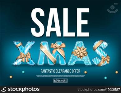 Christmas sale banner with golden and blue decorative letters with gold gift bow, ribbon. Xmas background. Winter holiday special offer. Vector template.