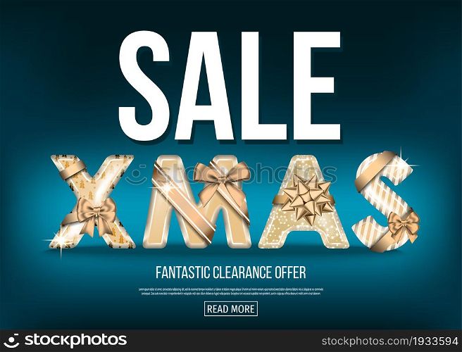 Christmas sale banner with golden decorative letters with gold gift bow, ribbon . Xmas text on blue background. Winter holiday special offer. Vector template.