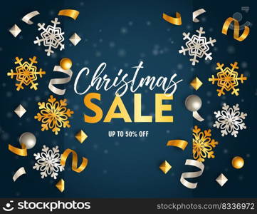 Christmas sale banner with ribbons and flakes on blue ground. Lettering can be used for invitations, post cards, announcements