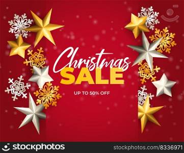Christmas sale banner with stars and flakes on red ground. Lettering can be used for invitations, post cards, announcements