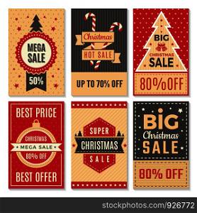 Christmas sale banners. New year special offers and discounts deals labels coupon vector template. Poster discount holiday, winter offer illustration. Christmas sale banners. New year special offers and discounts deals labels coupon vector template