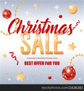 Christmas Sale Best Offer for You lettering. Christmas greeting card with fir tree twigs in background. Handwritten and typed text, calligraphy. For greeting cards, posters, leaflets and brochures.