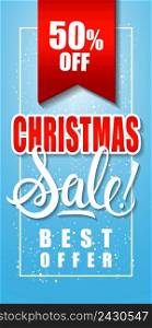 Christmas sale best offer lettering in frame with ribbon on blue background. Inscription can be used for leaflets, festive design, posters, banners.