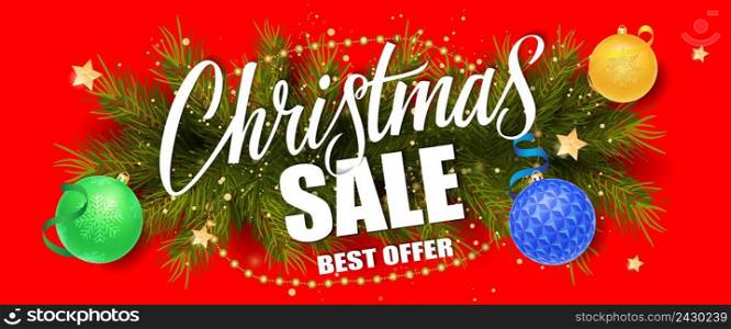 Christmas sale, best offer lettering with fir sprigs and baubles on red background. Inscription can be used for leaflets, festive design, posters, banners.
