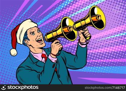 Christmas sale. Businessman advertises with megaphone. Pop art retro vector illustration kitsch vintage 50s 60s. Christmas sale. Businessman advertises with megaphone