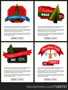Christmas sale buy now posters vector illustration of promotion cards with text s&le, New Year trees with cute toys, push-buttons, blue ribbons. Christmas Sale Buy Now Posters Vector Illustration