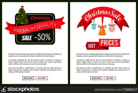 Christmas sale buy now posters vector illustration of two promotion cards with text sample, New Year trees with cute toys, push-buttons. Christmas Sale Buy Now Posters Vector Illustration
