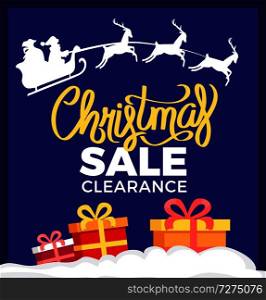 Christmas sale clearance card vector illustration with white print of Santa and his three deers and cute gift boxes isolated on dark blue background. Christmas Sale Clearance Card Vector Illustration