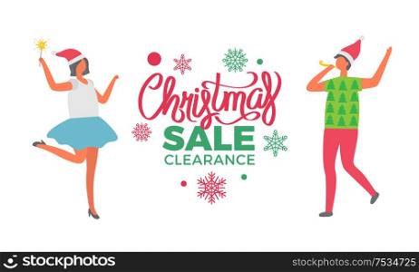 Christmas sale clearance poster, woman in Santa Claus hat. Man in sweater with pine trees, tag in wreath of snowflakes, discount label, vector people isolated. Christmas Sale Clearance Poster, Woman Santa Claus