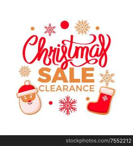 Christmas sale clearance Santa Claus head and stockings in frame of snowflakes. Winter holidays greeting card with gingerbread vector isolated banner. Christmas Sale Clearance Santa Claus and Stockings
