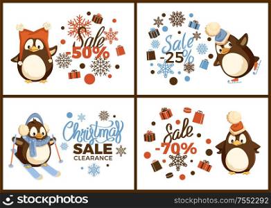 Christmas sale clearance, skating and skiing penguin in headwear and scarf. Card decorated box in wrapping, snowflake ornaments and big discount vector. Skating and Skiing Penguin, Christmas Sale Vector