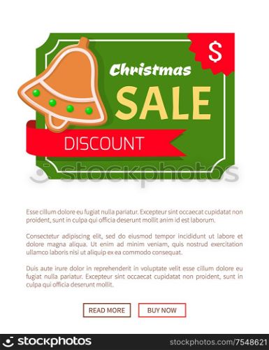 Christmas sale discount, gingerbread jingle bell web poster template. Vector promo site with sweet cookies and special offer, price tag on voucher. Christmas Sale Discount, Gingerbread Jingle Bell