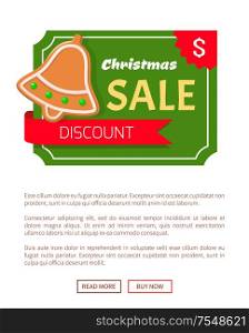 Christmas sale discount, gingerbread jingle bell web poster template. Vector promo site with sweet cookies and special offer, price tag on voucher. Christmas Sale Discount, Gingerbread Jingle Bell