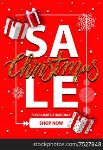 Christmas sale for a limited time vector brochure design with gift boxes, snowflakes and frame. Red cover with info about Xmas and New Year discounts. Christmas Sale for a Limited Time Vector Brochure