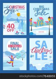 Christmas sale holiday discount 40 percent, Xmas promotion and shop now webpage or card. Winter retail poster set with snowy fir-trees, buildings and skiing woman outdoor, advertising postcard vector. Winter Promotion and Big Christmas Sale Vector