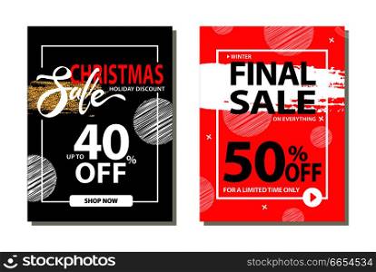 Christmas sale holiday discount final prices 50 % off for limited time only poster with frame and brush strokes isolated on red background promo banner. Christmas Sale Holiday Discount Final Prices 50 %