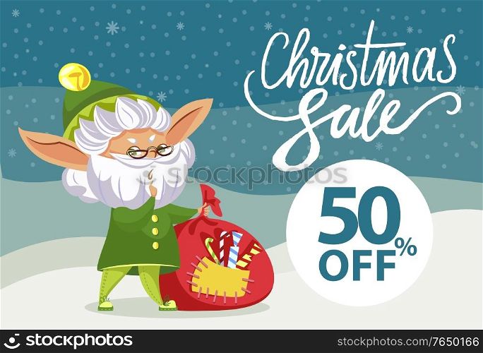 Christmas sale in shops, up to 50 percent off. Winter holidays discounts. Old elf hold red sack with gifts for kids. Fairy character stand in evening forest. Vector illustration of promotion. Christmas Sale, Holiday Discounts, Elf with Sack