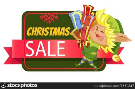 Christmas sale isolated icon, elf carrying gift boxes pile, Xmas presents. Santa helper working hard, winter holiday discount or price off. Shopping special offer, magic dwarf vector illustration. Elf with Gift Boxes and Christmas Holiday Sale