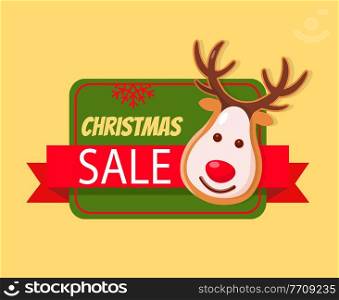 Christmas sale label card, gingerbread deer head on New Year discount. Postcard with reindeer sweet character with horns, isolated vector voucher on clearance. Christmas Sale Label Card Gingerbread Deer Head