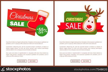 Christmas sale label red Santa stocking and gingerbread deer head discount price tag. Sock for gifts, total clearance, advertisement Xmas cookies vector. Christmas Sale Label Santa Socks, Gingerbread Deer