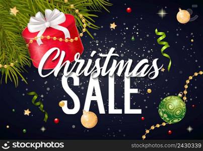 Christmas Sale lettering. Christmas invitation with fir tree twigs and gift. Handwritten and typed text, calligraphy. For banners, posters, leaflets and brochures.