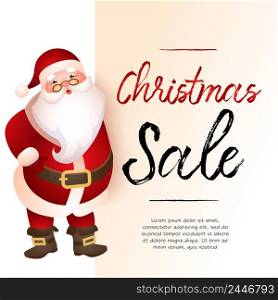 Christmas Sale light beige banner design with Santa Claus and sample text. Calligraphy with Santa Claus and sample text. Can be used for shops, sales, discounts. Christmas Sale light beige banner design with Santa Claus