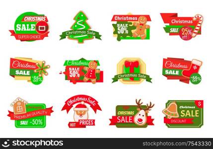 Christmas sale offers for market shopping isolated icons set vector. Santa Claus and reindeer winter character, pine tree and bells, gingerbread cookies. Christmas Sale Offers Shopping Icons Isolated Set
