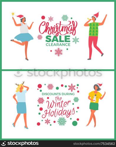 Christmas sale on winter holidays people partying vector. Clearance promotion of shops, reduction off price, woman and man dancing with bengal lights. Christmas Sale on Winter Holidays People Partying