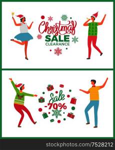 Christmas sale party, 70 seventy percent discounts, shops offers vector. Dancing people celebrating new year deals propositions, lights and snowflakes. Christmas Sale Party, 70 Percent Discounts Offers