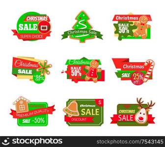 Christmas sale pine tree and gingerbread man cookie vector. Spruce and snowflake, reindeer with horns, bell biscuits candy house and Santa Claus belt. Christmas Sale Labels Pine Tree Gingerbread Cookie